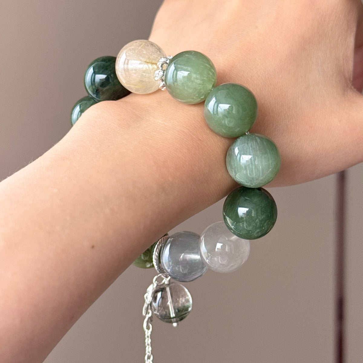 Rabbit Hair Quartz, Golden Rutilated Quartz & Phantom Quartz Crystal Bracelet — quiet warmth, One of a Kind
