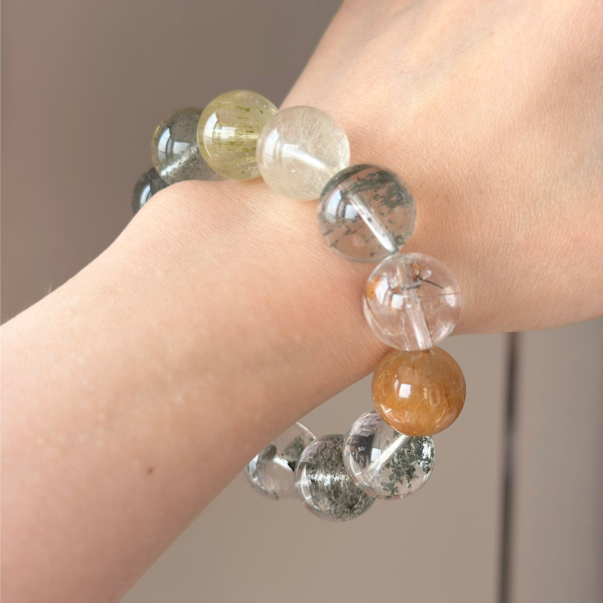 Golden Rutilated Quartz, Yellow Rabbit Hair Quartz & Phantom Quartz Crystal Bracelet — quiet warmth, One of a Kind