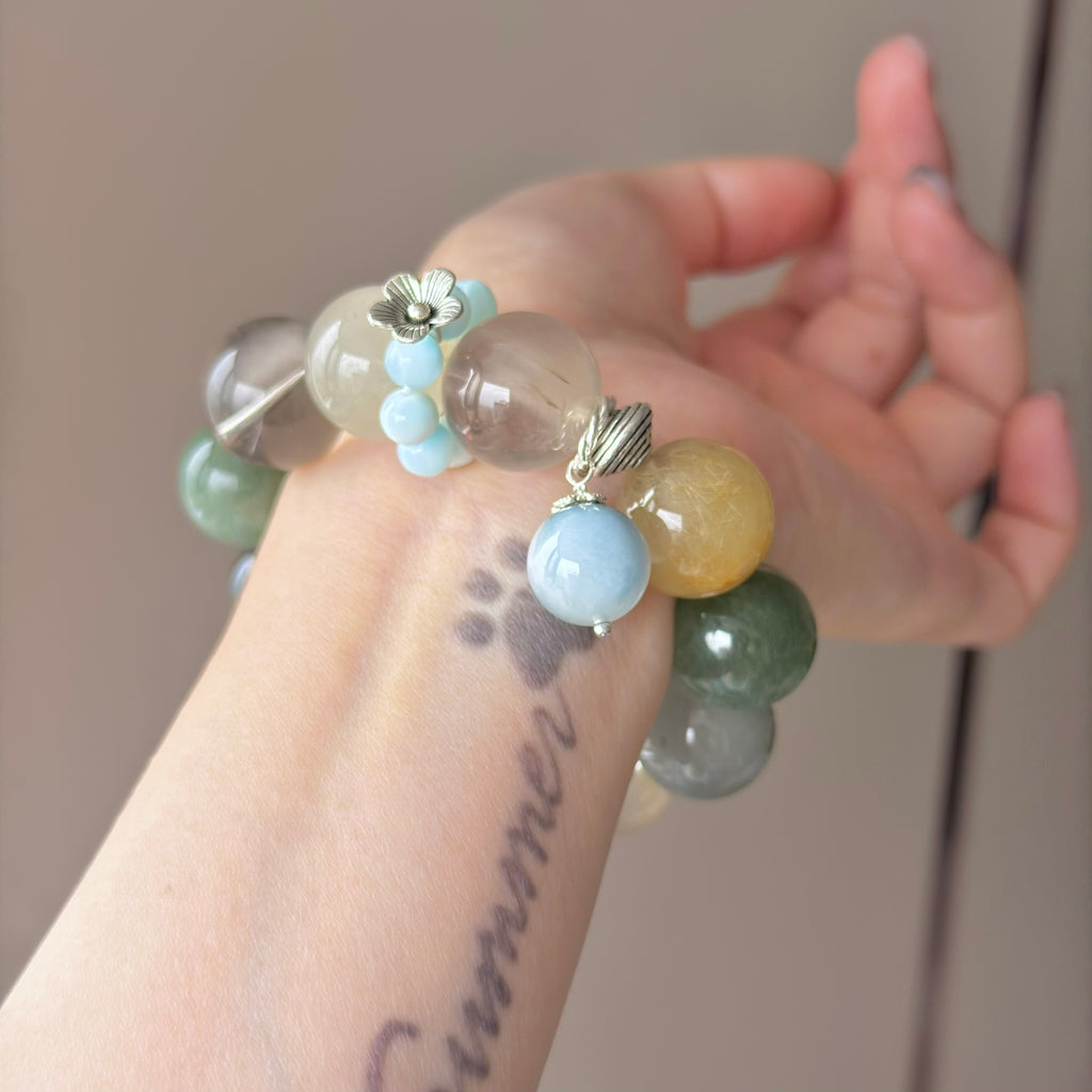 Multicolor Rabbit Hair Quartz & Yellow Rabbit Hair Quartz Crystal Bracelet — soft radiance, One of a Kind