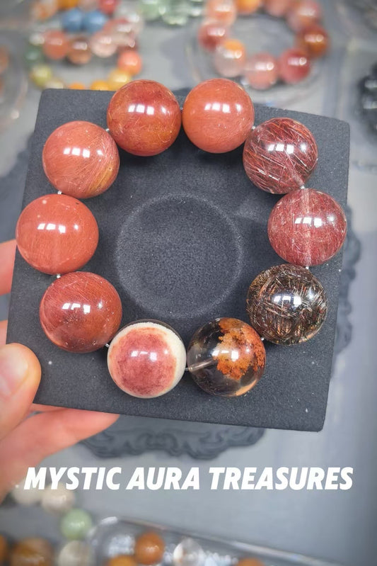 Natural Red Rabbit Hair Quartz, Copper Rutilated Quartz, and Phantom Quartz Bracelet, 20-22mm Beads