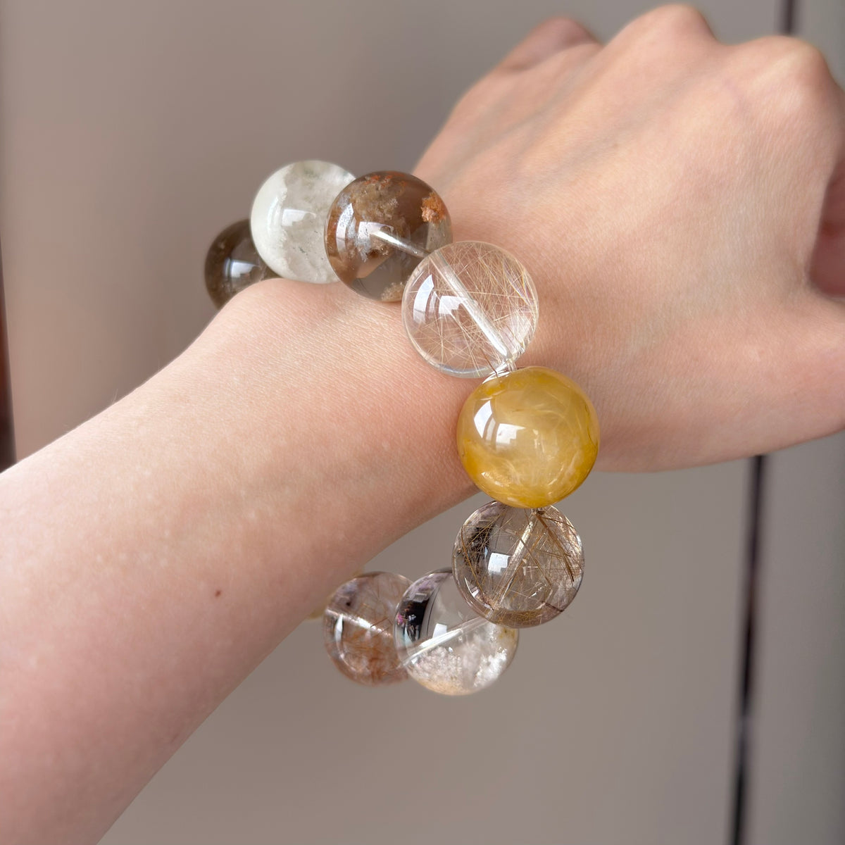 Golden Rutilated Quartz, Yellow Rabbit Hair Quartz & Phantom Quartz Crystal Bracelet — quiet warmth, One of a Kind