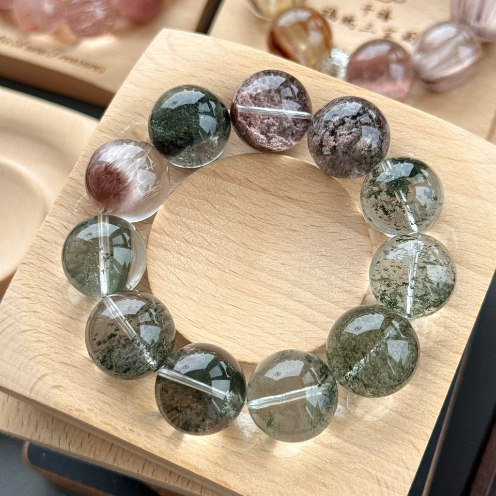 Phantom Quartz & Rabbit Hair Quartz Crystal Bracelet — quiet warmth, One of a Kind