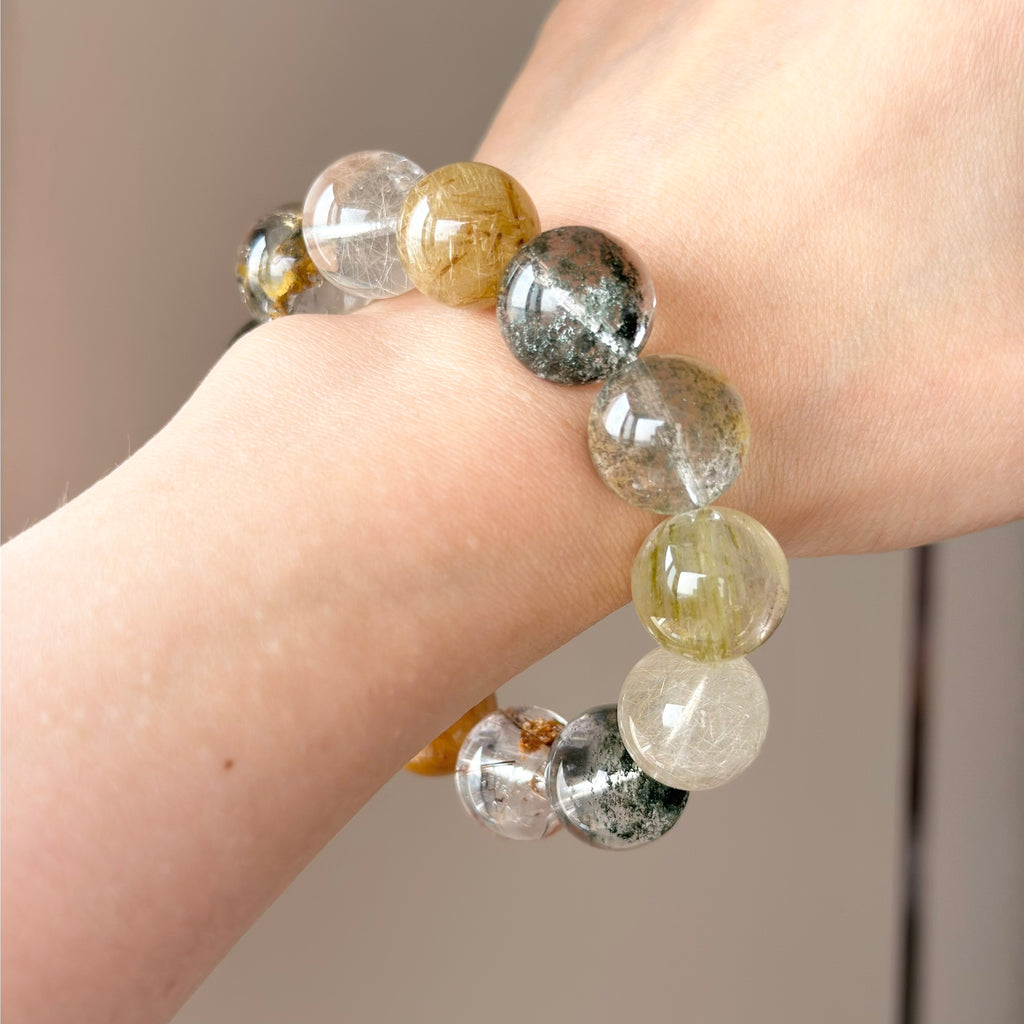 Golden Rutilated Quartz, Yellow Rabbit Hair Quartz & Phantom Quartz Crystal Bracelet — quiet warmth, One of a Kind