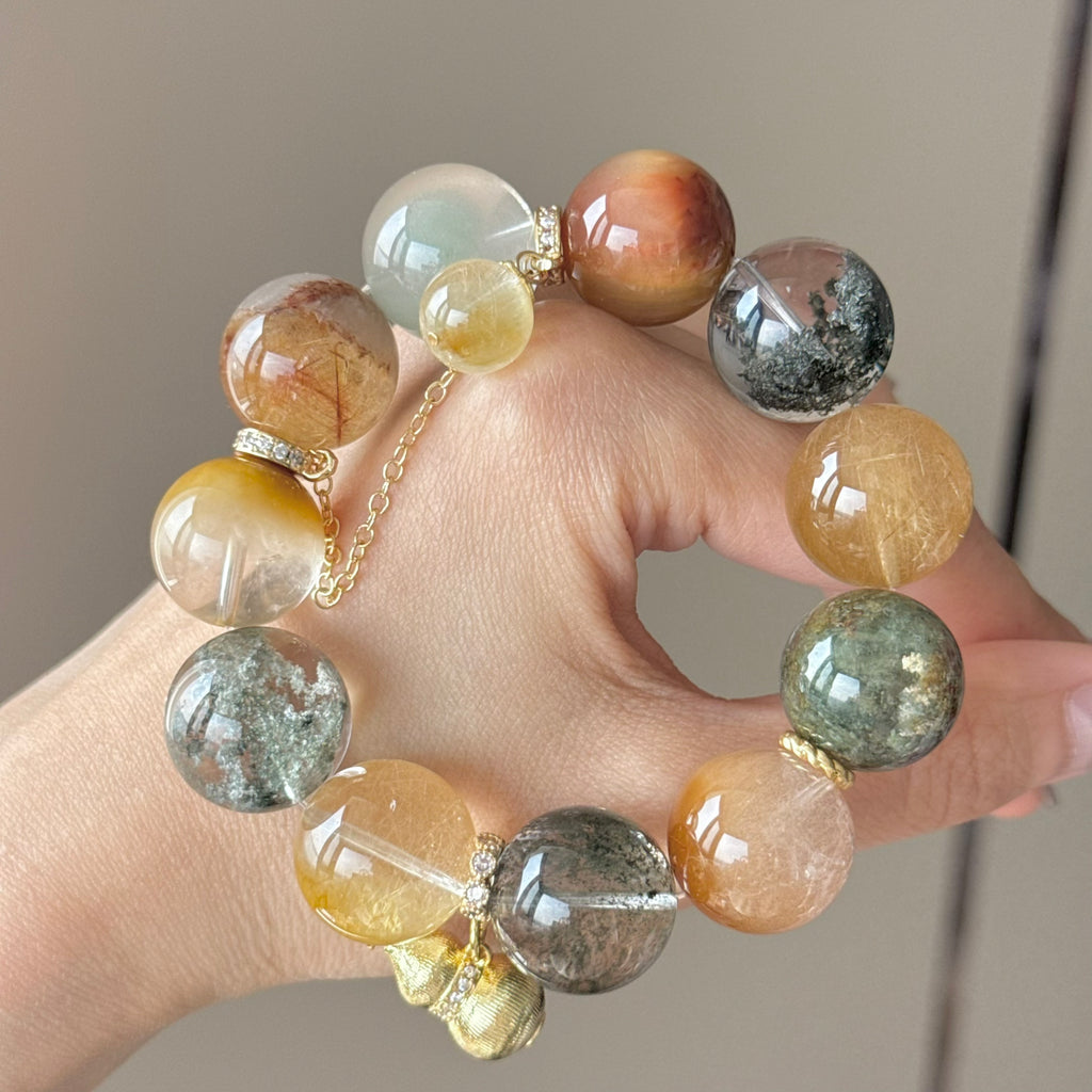 Phantom Quartz, Golden Rutilated Quartz & Yellow Rabbit Hair Quartz Crystal Bracelet — quiet warmth, One of a Kind