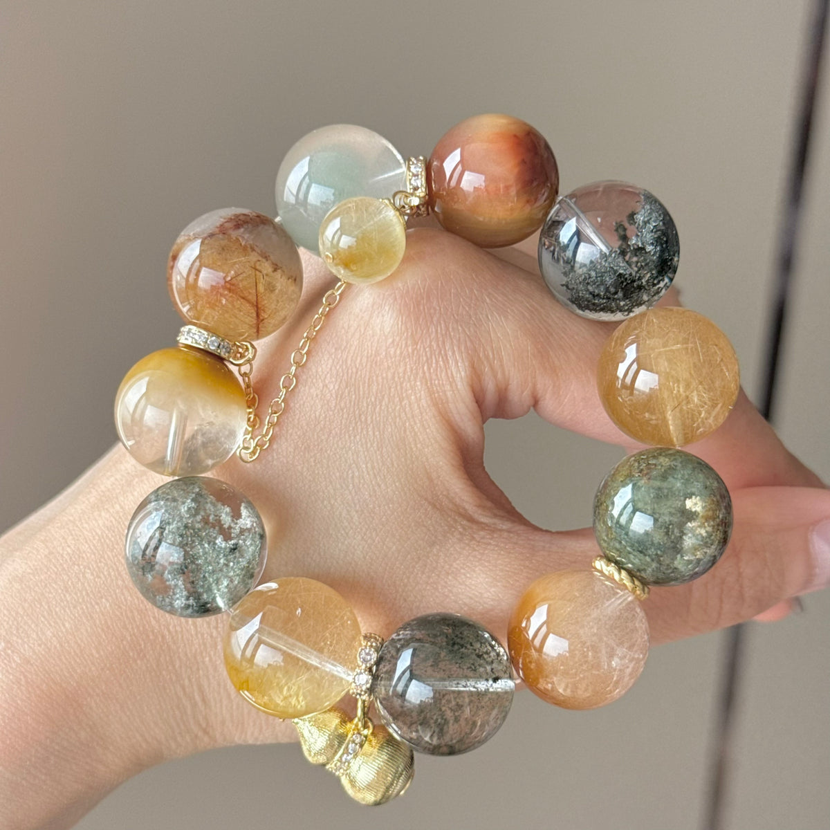 Phantom Quartz, Golden Rutilated Quartz & Yellow Rabbit Hair Quartz Crystal Bracelet — quiet warmth, One of a Kind