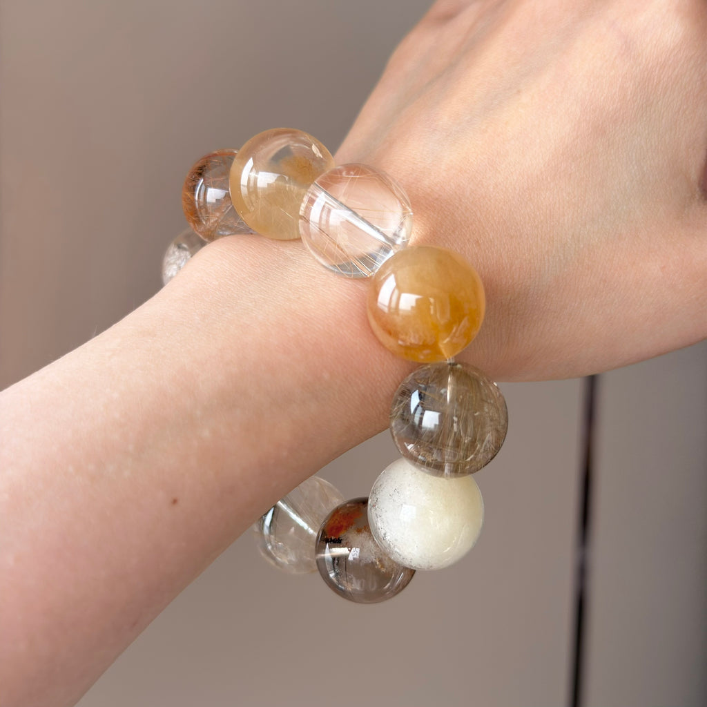 Golden Rutilated Quartz, Yellow Rabbit Hair Quartz & Phantom Quartz Crystal Bracelet — quiet warmth, One of a Kind
