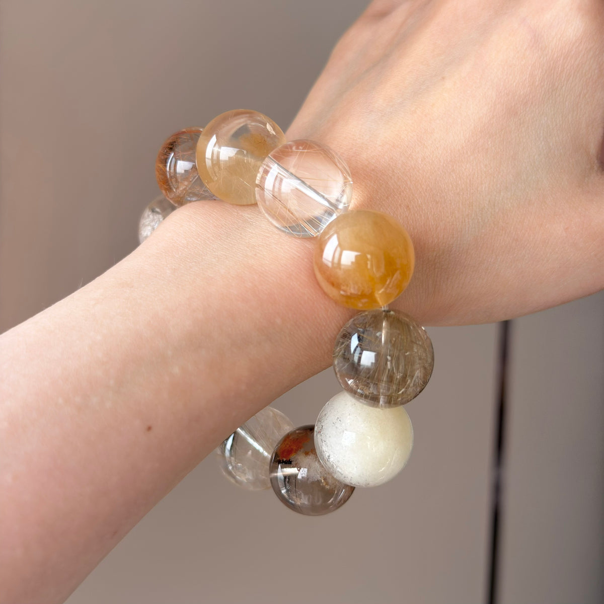 Golden Rutilated Quartz, Yellow Rabbit Hair Quartz & Phantom Quartz Crystal Bracelet — quiet warmth, One of a Kind