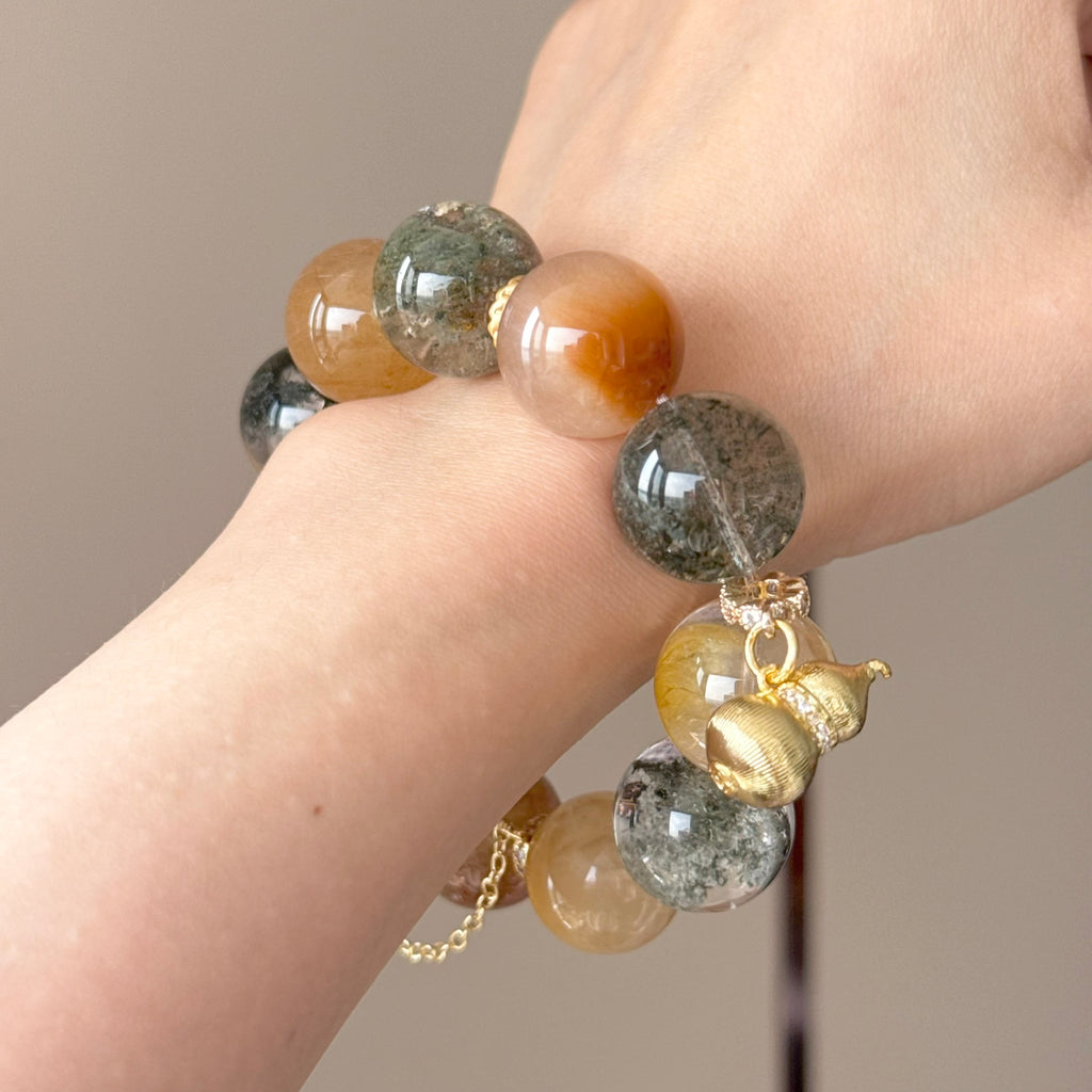 Phantom Quartz, Golden Rutilated Quartz & Yellow Rabbit Hair Quartz Crystal Bracelet — quiet warmth, One of a Kind