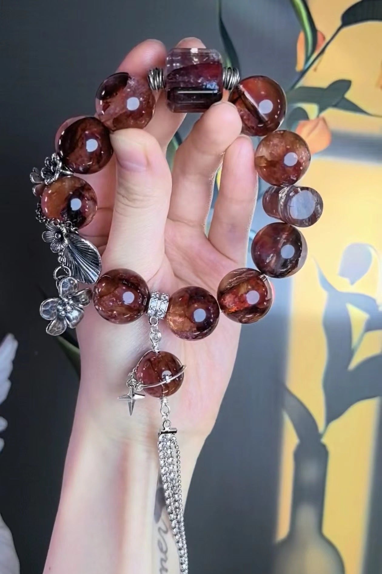 Red Glue Flower Crystal Bracelet with Silver Accents
