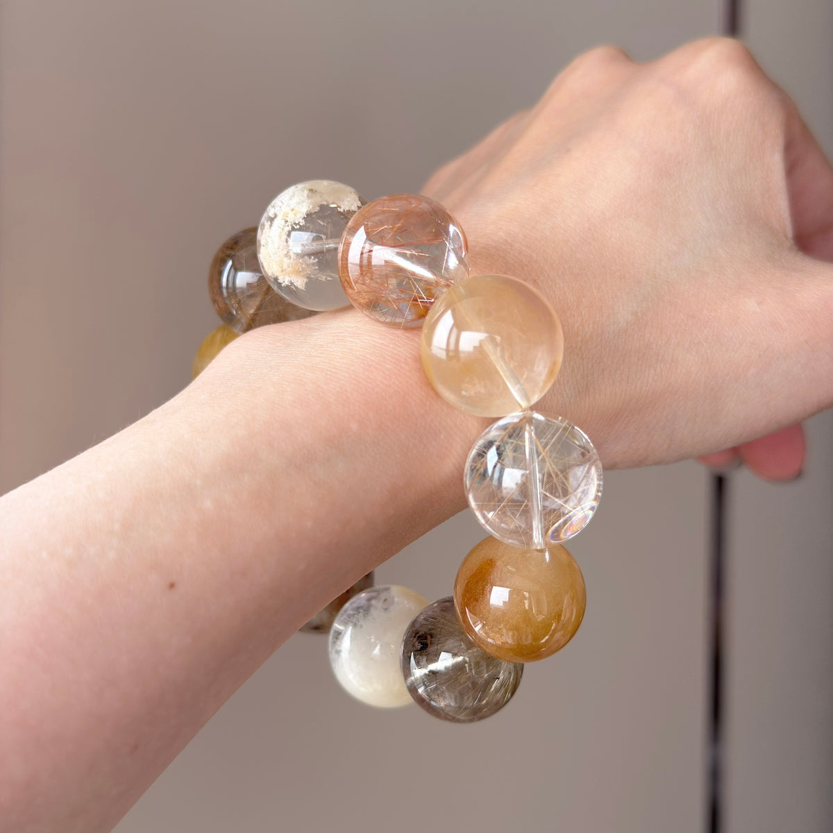 Golden Rutilated Quartz, Yellow Rabbit Hair Quartz & Phantom Quartz Crystal Bracelet — quiet warmth, One of a Kind