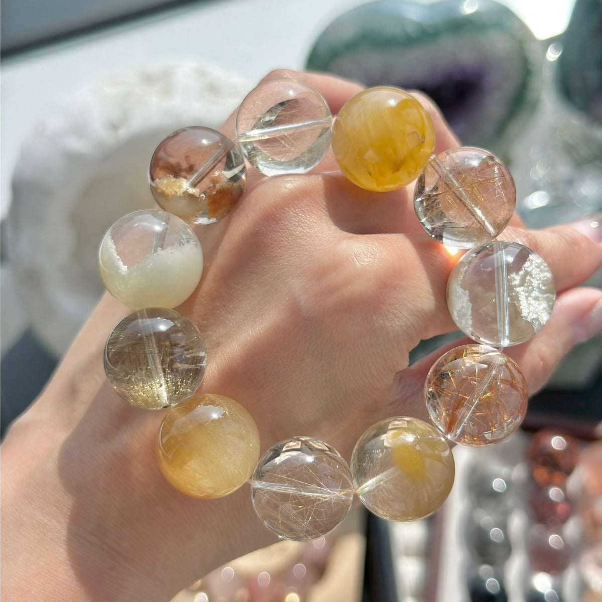 Golden Rutilated Quartz, Yellow Rabbit Hair Quartz & Phantom Quartz Crystal Bracelet — quiet warmth, One of a Kind