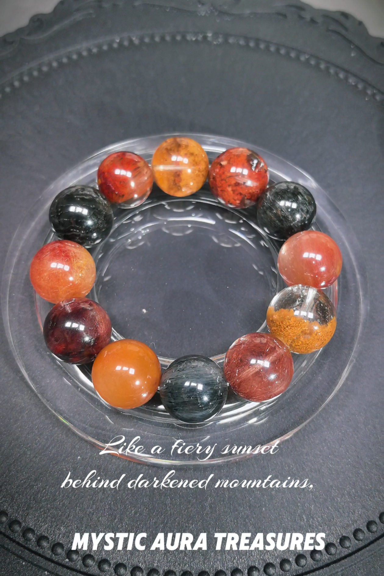 Red, Yellow, and Black Rabbit Hair & Phantom Quartz Bracelet, 17mm Beads