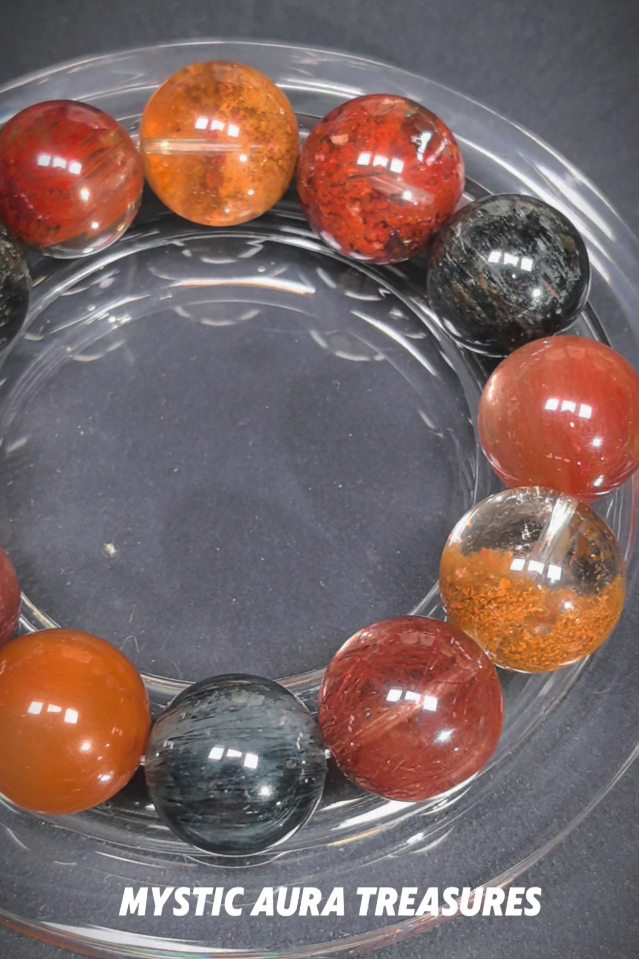 Red, Yellow, and Black Rabbit Hair & Phantom Quartz Bracelet, 17mm Beads