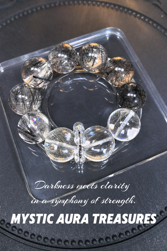 Black Rutilated Quartz and Silver Rutilated Quartz Bracelet, 20mm Beads