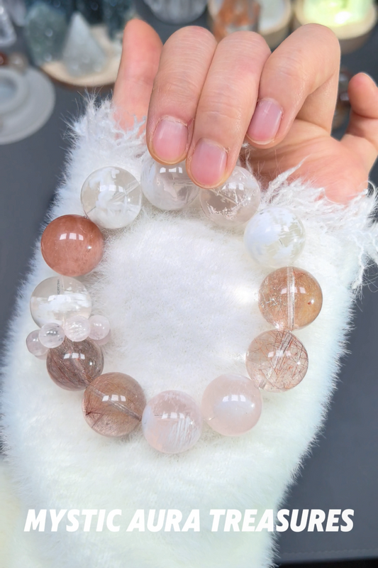 Natural Phantom, Hair Quartz, Rutilated Quartz, and Lepidolite Bracelet, 16-17mm Beads