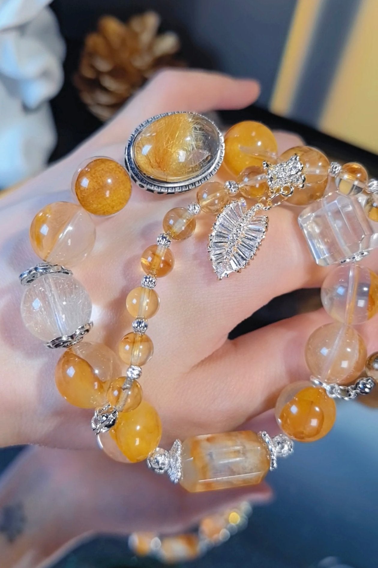 Golden Rutilated Quartz & Yellow Flower Agate Crystal Bracelet