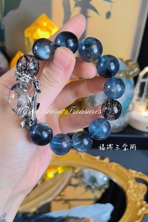 Aquamarine and Black Rutile Quartz Bracelet