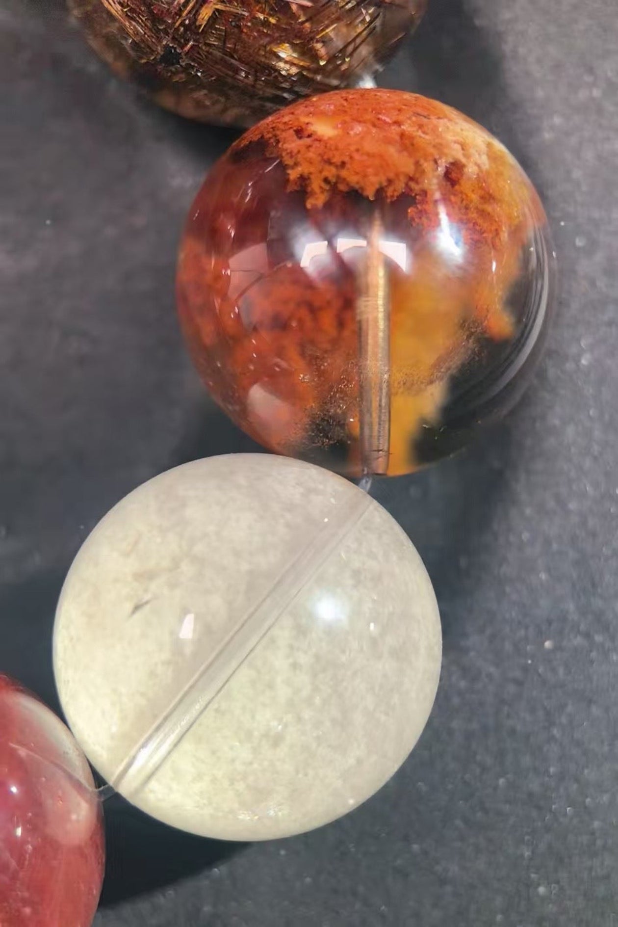 Natural Red Rabbit Hair Quartz, Copper Rutilated Quartz, and Phantom Quartz Bracelet, 20-22mm Beads