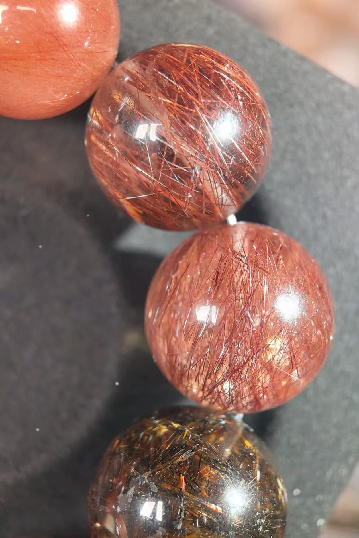 Natural Red Rabbit Hair Quartz, Copper Rutilated Quartz, and Phantom Quartz Bracelet, 20-22mm Beads