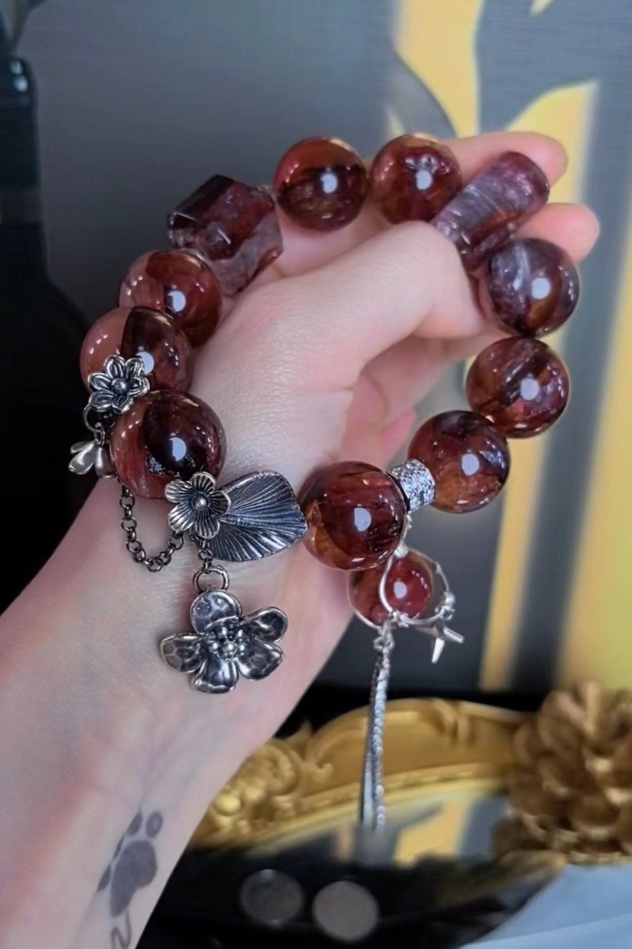 Red Glue Flower Crystal Bracelet with Silver Accents